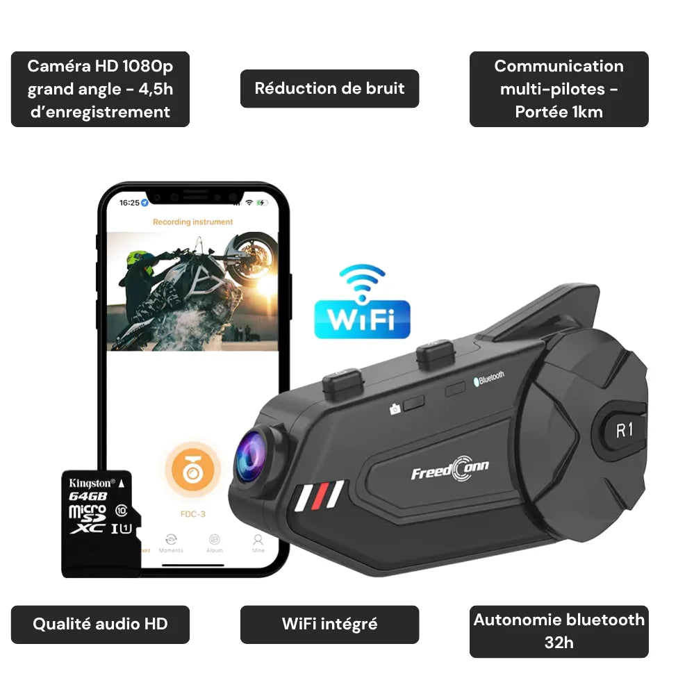 Intercom moto Bluetooth avec caméra et réduction de bruit - Camera Connect